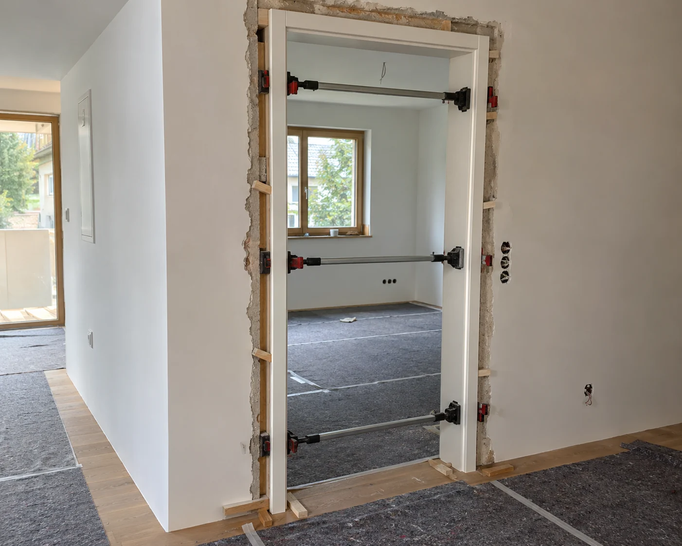Türzarge wird mit Spreizen in die Wandöffnung eingesetzt – Symbolbild Türenmontage