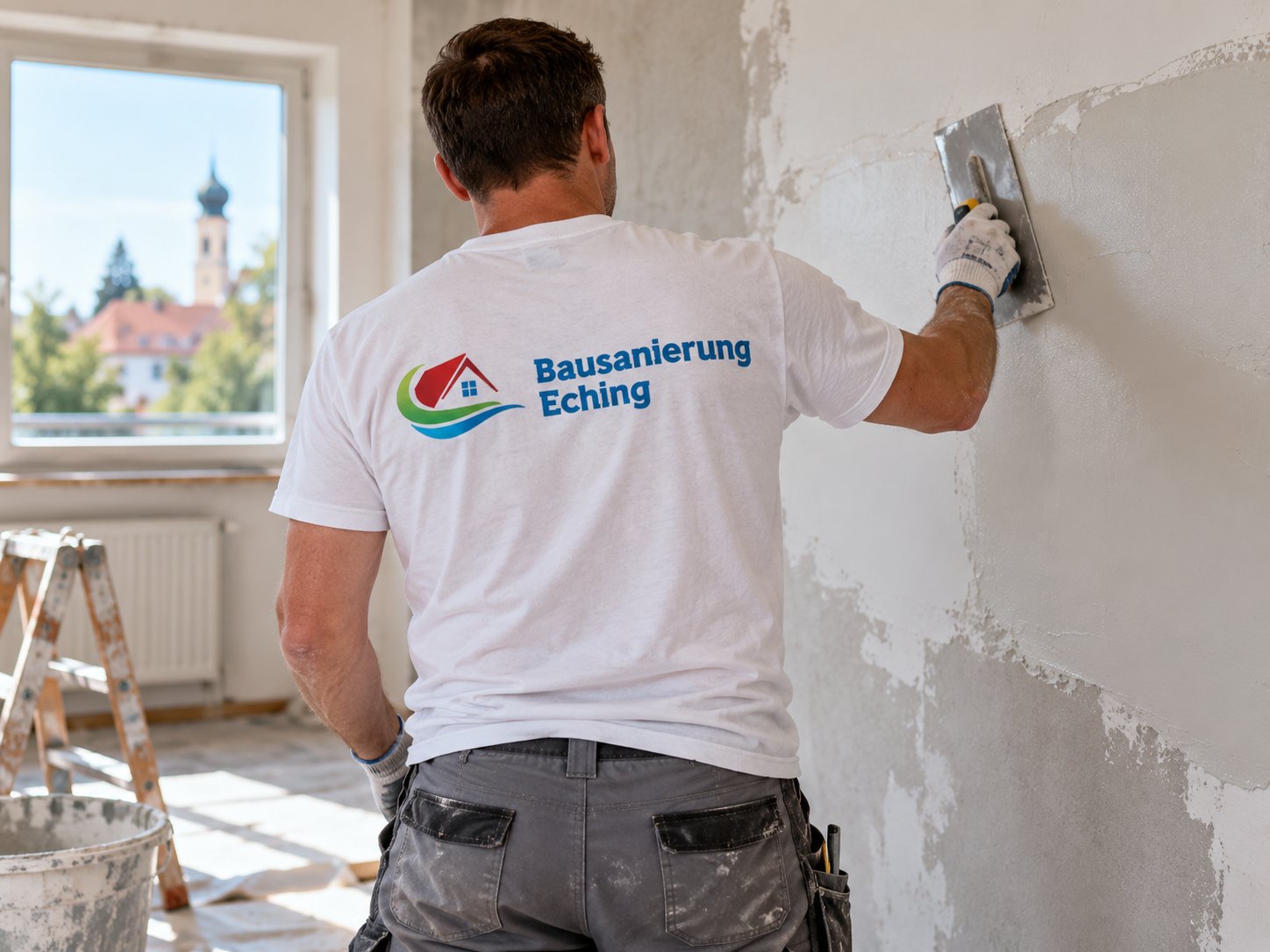 Mitarbeiter von Bausanierung Eching zieht Innenputz an einer Wand ab